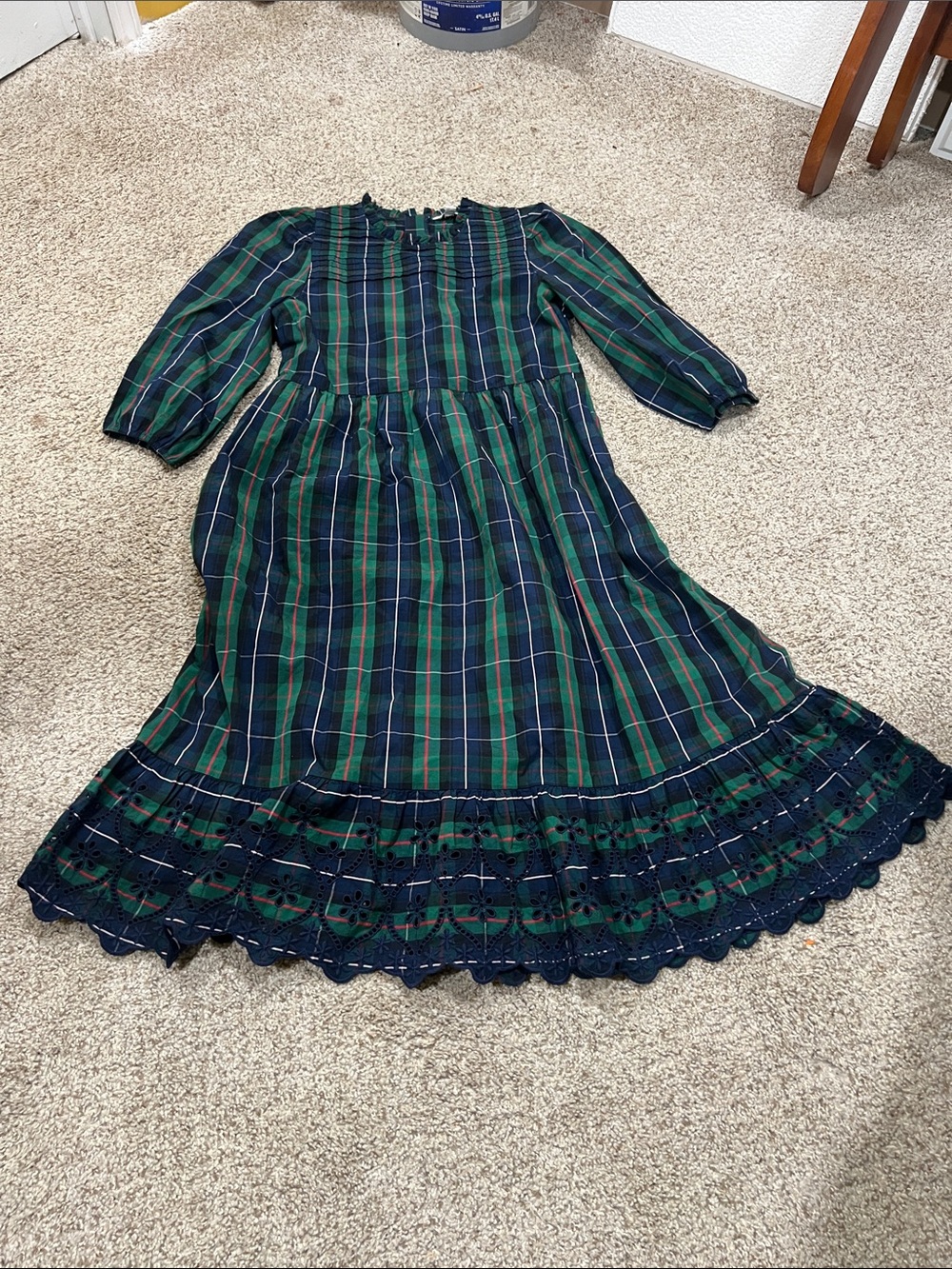 crown & ivy Green and Navy Plaid Long Sleeve Maxi with Eyelet Hem